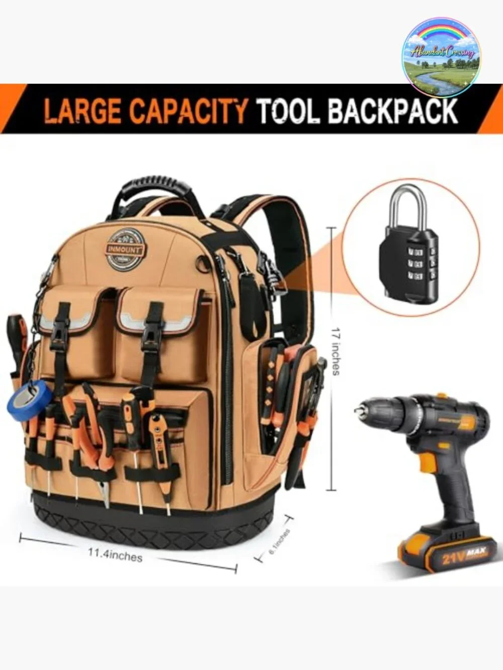 Tool Backpack 56 Pockets Heavy Duty Laptop Compartment Combination Lock 1680D
